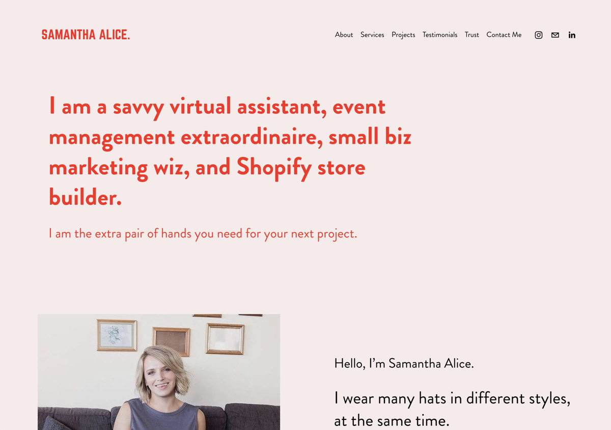 Screenshot of Samantha Alice, from the service websites collection.