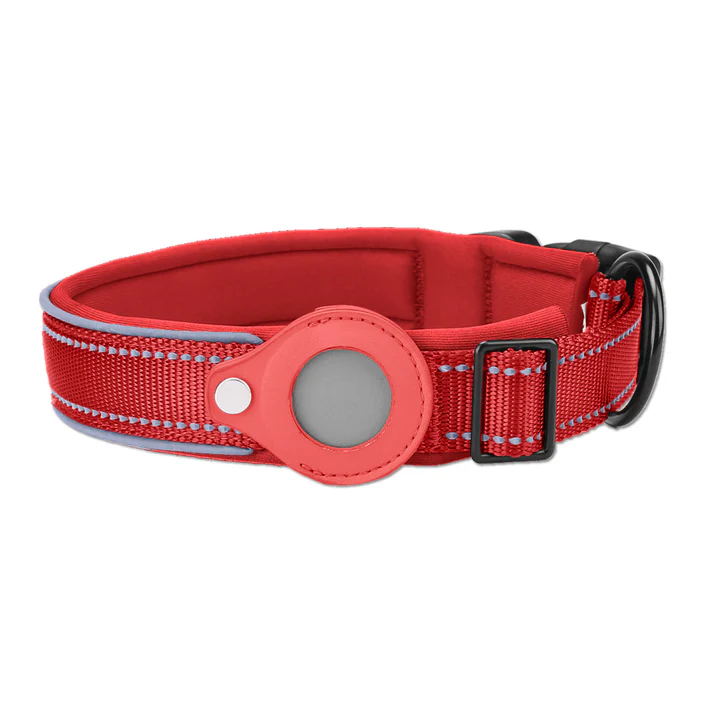 Red Secure Nylon Dog Collar with Built-in Apple AirTag (not included) Holder Case - Pet Tracker Accessory