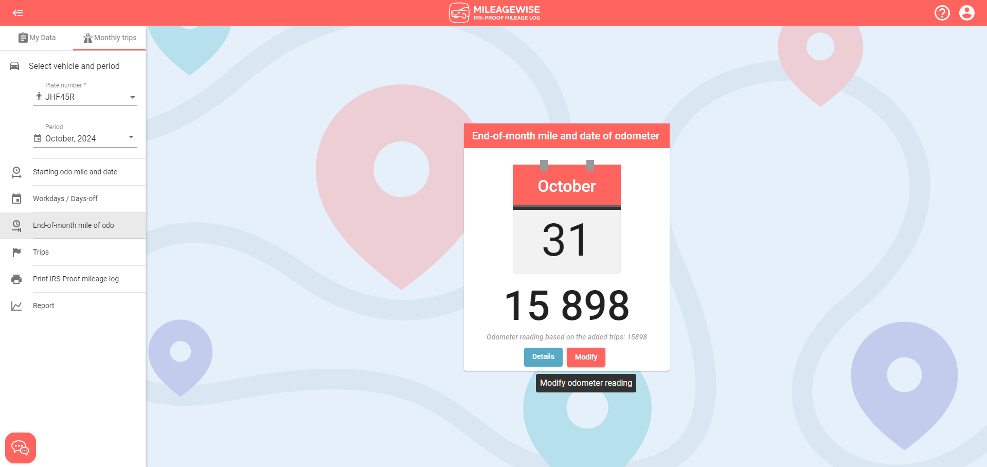 modify odometer reading mileage log