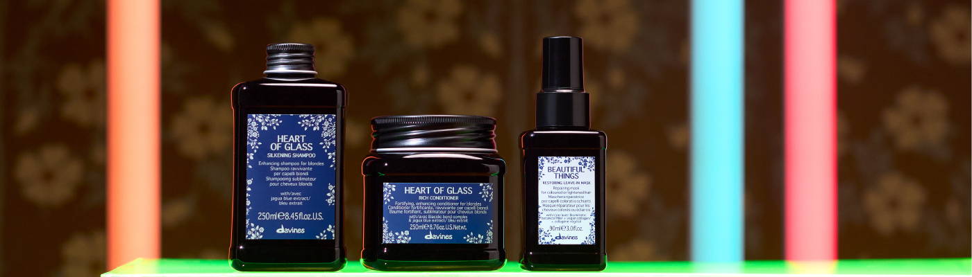 Davines Heart of Glass products next to the Restoring Leave-In Mask