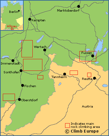 Map of the rock climbing and bouldering areas in Allgäu