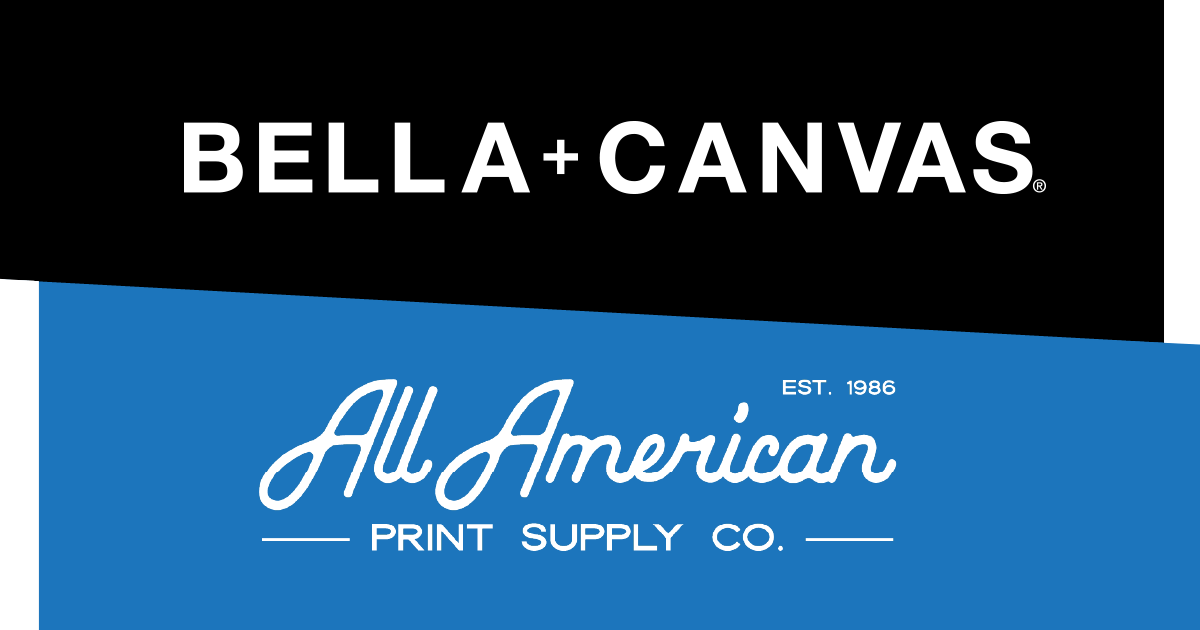 Banner with BELLA+CANVAS logo on a black background spliced against All American Print Supply Co. Logo on a blue background.