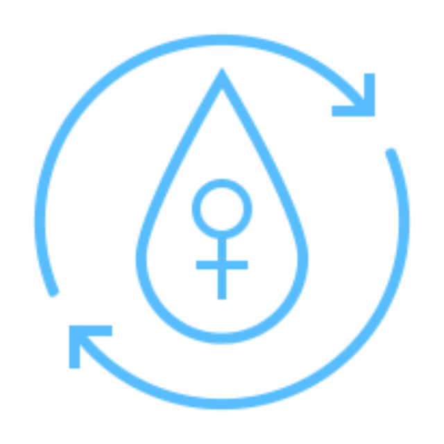 Circular arrows surrounding a water droplet with a female symbol inside, representing recycling and femininity.