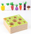 All pieces of a Montessori Vegetable Set toy for kids including seven colorful vegetables and a wooden board. 