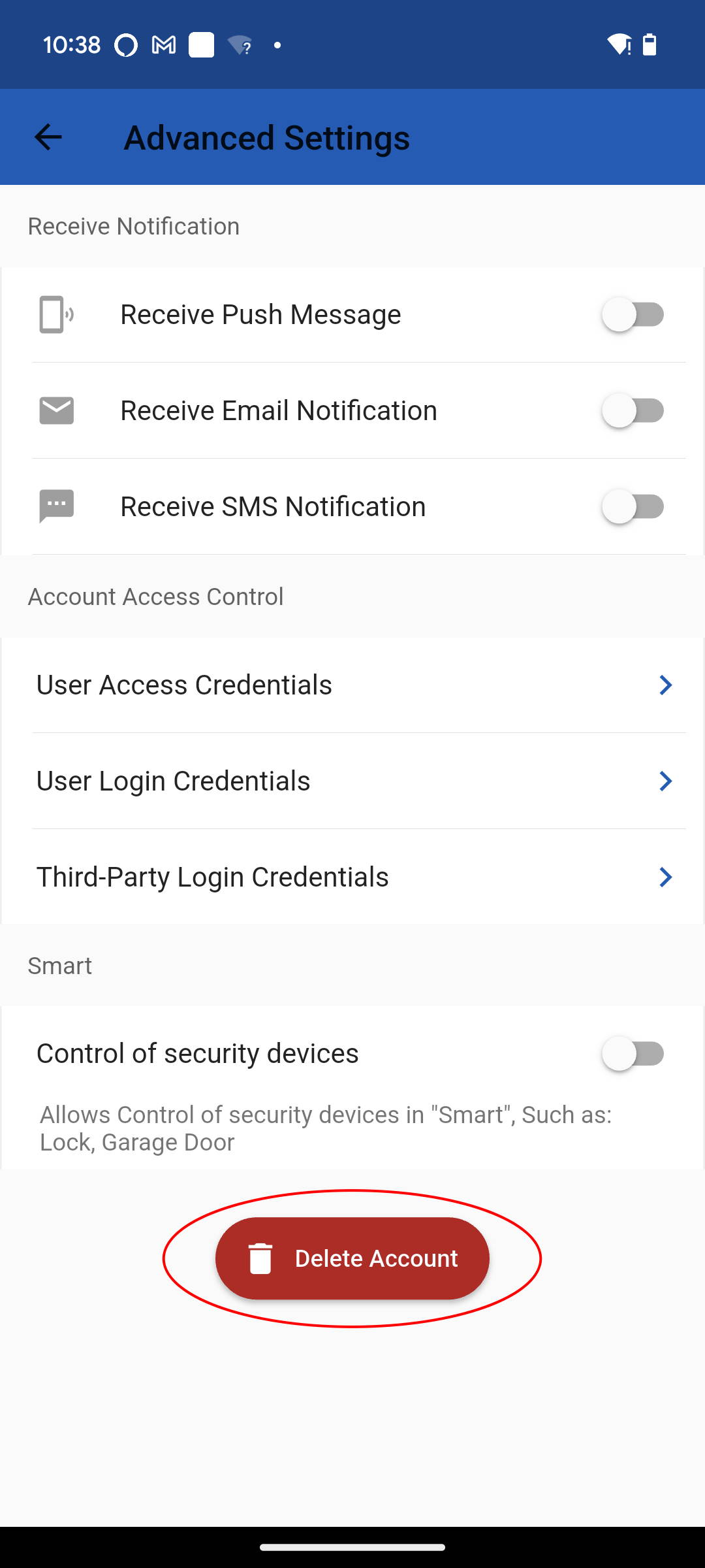 Advanced settings screen showing account options. Tap Delete Account to permanently remove your account and associated data.