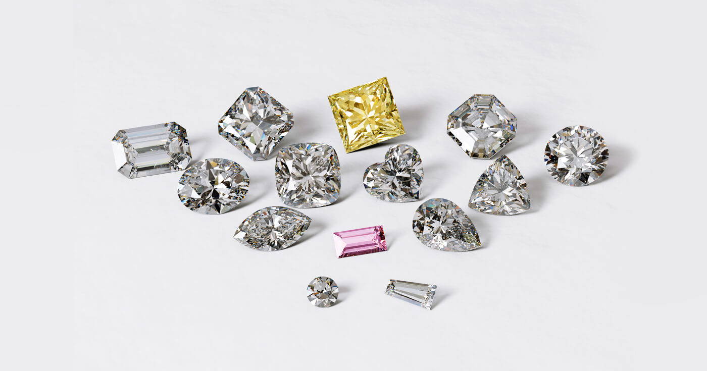 Diamenty bezbarwne i kolorowe o różnych kształtach