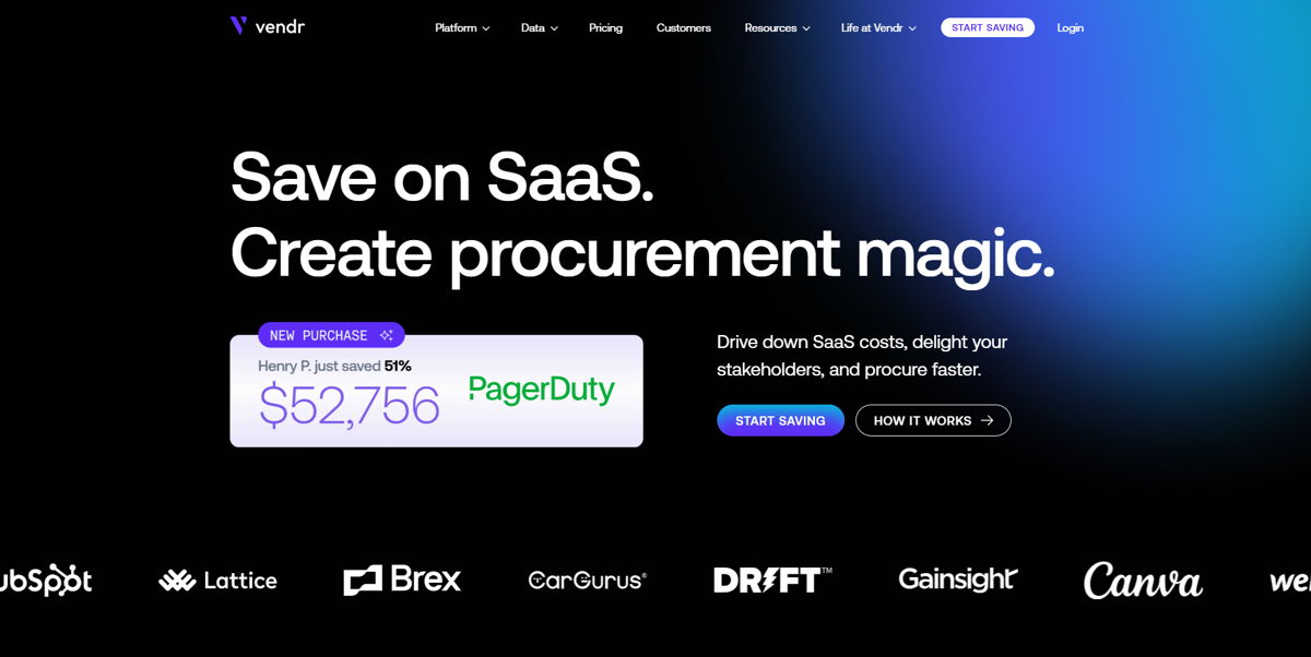 Screenshot of Vendr, from the startup websites collection.