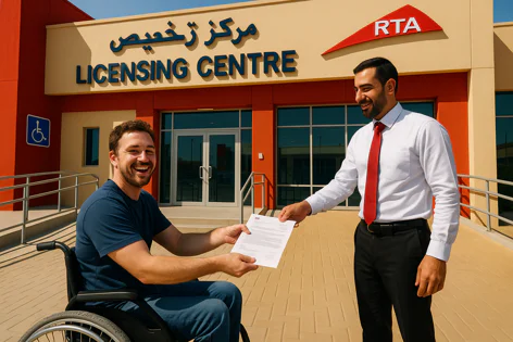 Smiling man in a wheelchair accepts a document from an official outside an RTA Licensing Centre with an accessibility ramp.
