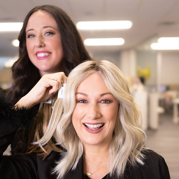 Dana color matching a fellow wig expert's hair
