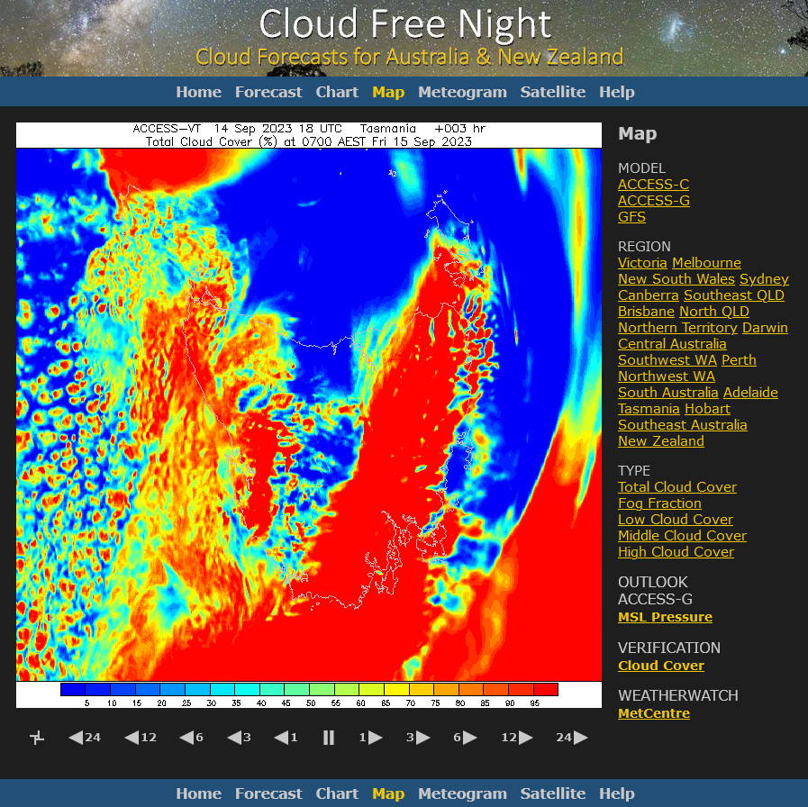 Screenshot from the Cloud Free Night website showing a map of cloud cover