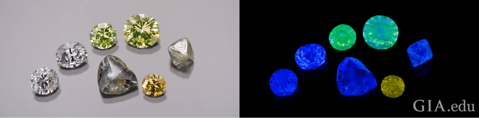 fluorescent diamonds in normal and UV light