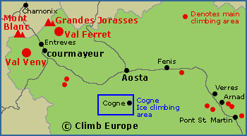 Map of the main rock climbing areas in the Aosta Valley and around Courmayeur