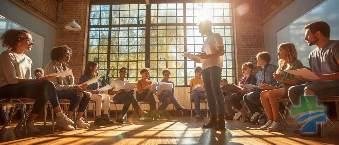 Diverse individuals learning about nutrition in a bright classroom