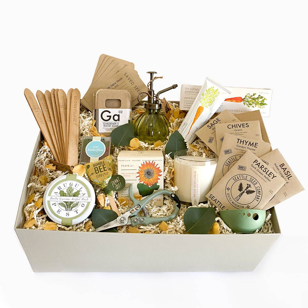 gardener's gift box, gifts for the gardener, mother's day gift boxes. mother's day gardening gift box, send a garden curated gift box, send a gift box to mom,