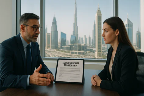 Professional consultation about employment visa sponsorship between a man and woman in a modern office with a prominent city skyline view.