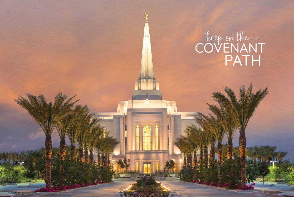 Poster of the Gilbert Temple. Palm trees line the way to the entrance.