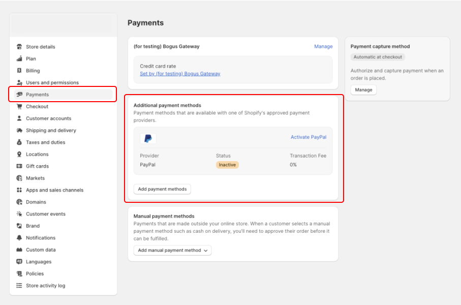 active paypal express as payment on shopify store