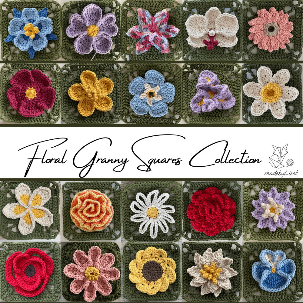 E-book de crochê com quadrados florais da vovó: 20 lindos padrões de flores + quadrado bônus