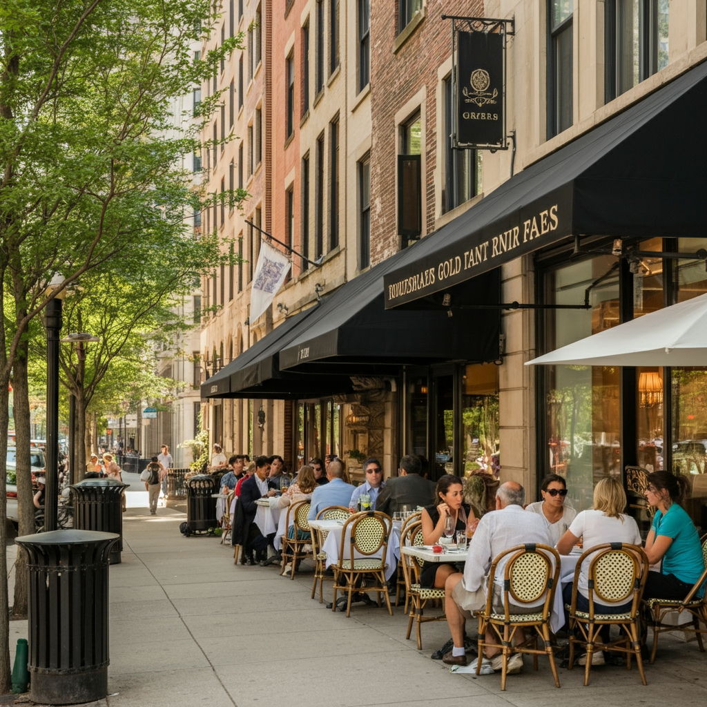 Elegant sidewalk café scene along Gold Coast's Rush Street, with well-dressed patrons enjoying al fresco dining beneath mature trees. The sophisticated atmosphere showcases the neighborhood's renowned dining scene that attracts residents seeking a European-inspired lifestyle within walking distance of their homes.