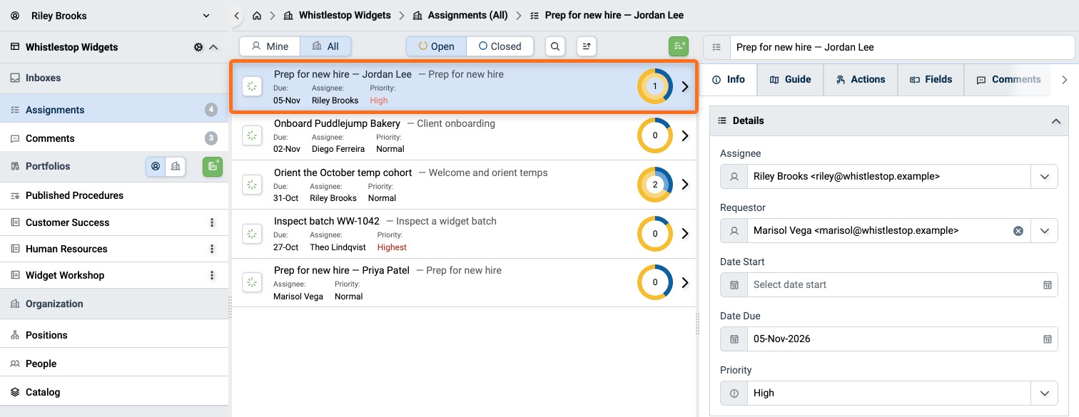 Assignment Info tab with the name at the top and the Descriptors panel