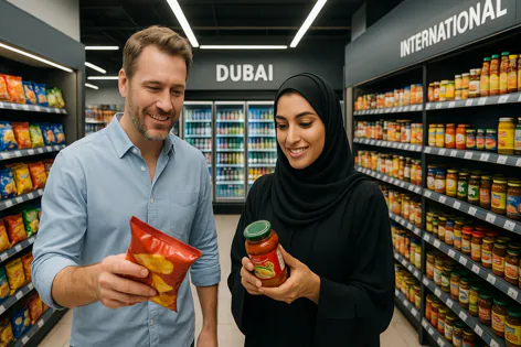 Smiling man holds a red bag of chips while a woman wearing a hijab holds a jar of sauce, both looking at products in a supermarket aisle.