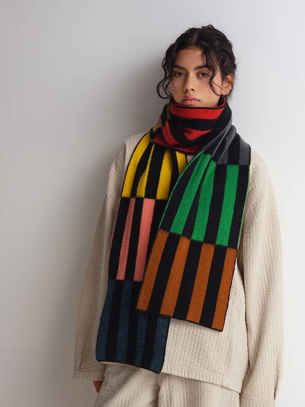 model wears Brushed Multicolour Thin Rectangles Scarf