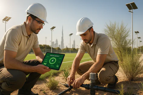Two workers in hard hats install irrigation system pipes, one holds a tablet displaying green energy data, with solar lights and a city skyline in the background.