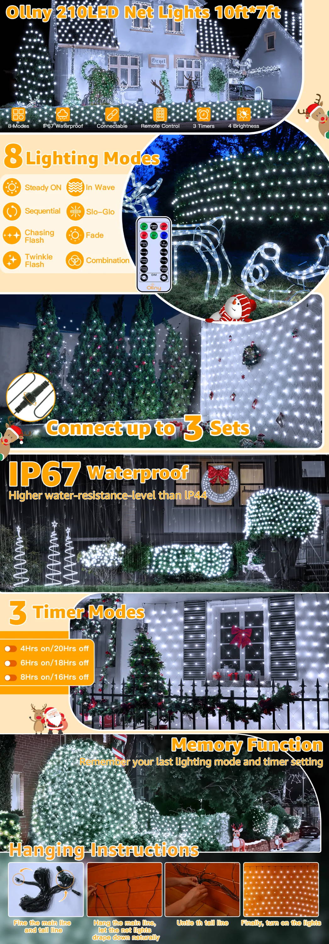 Ollny's 200 leds warm white IP67 net lights for Christmas