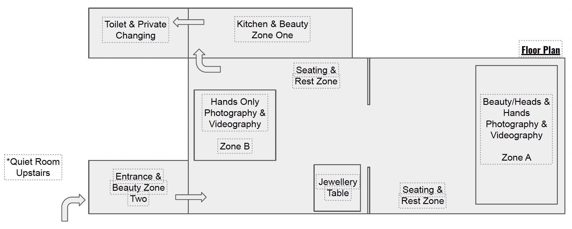 A floorplan of a photo studio with details of various zones for photography, videography, make-up and styling rooms. 