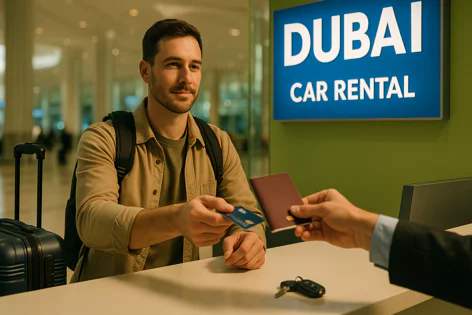 Smiling man with suitcase and backpack hands a credit card and passport to an agent at a counter with a Dubai Car Rental sign.