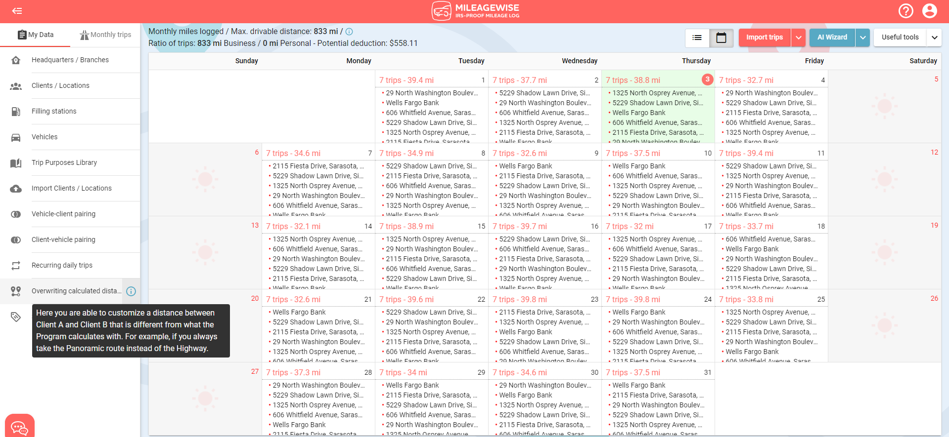 overwrite mileage distances