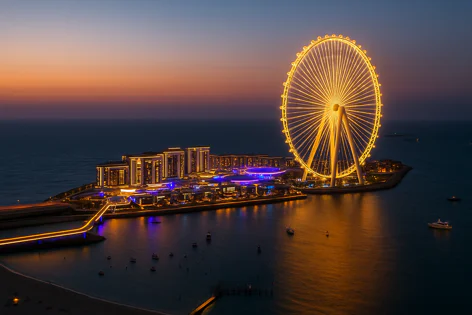 The Ain Dubai Ferris wheel shines brightly, illuminated in golden light alongside modern buildings on Bluewaters Island at dusk, with boats scattered in the reflective water.