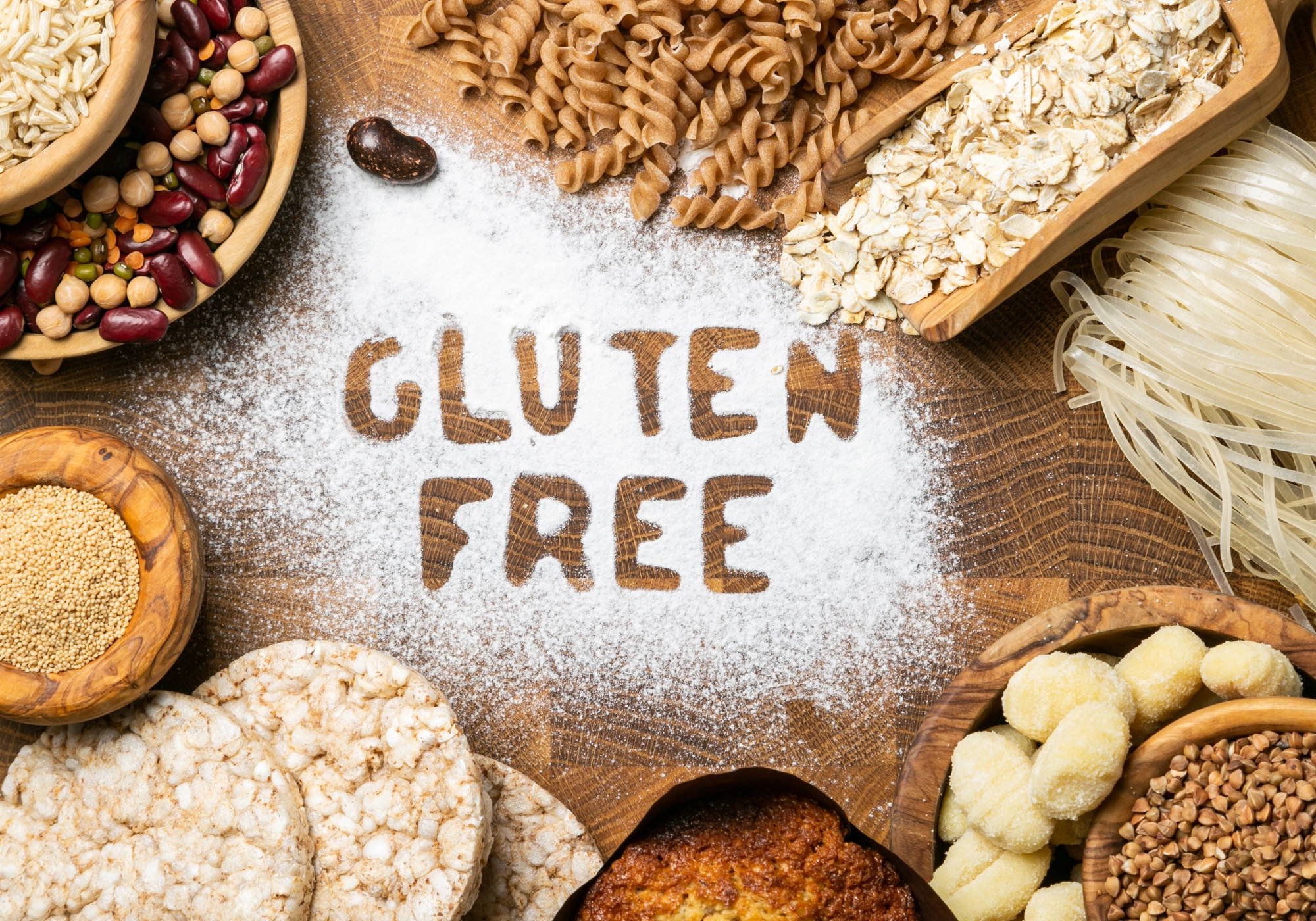 "Gluten Free" label displayed in front of various gluten-containing foods.