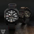 44mm Tactical case in PVD-black and black leather strap with red stitching. Dial markers in white.