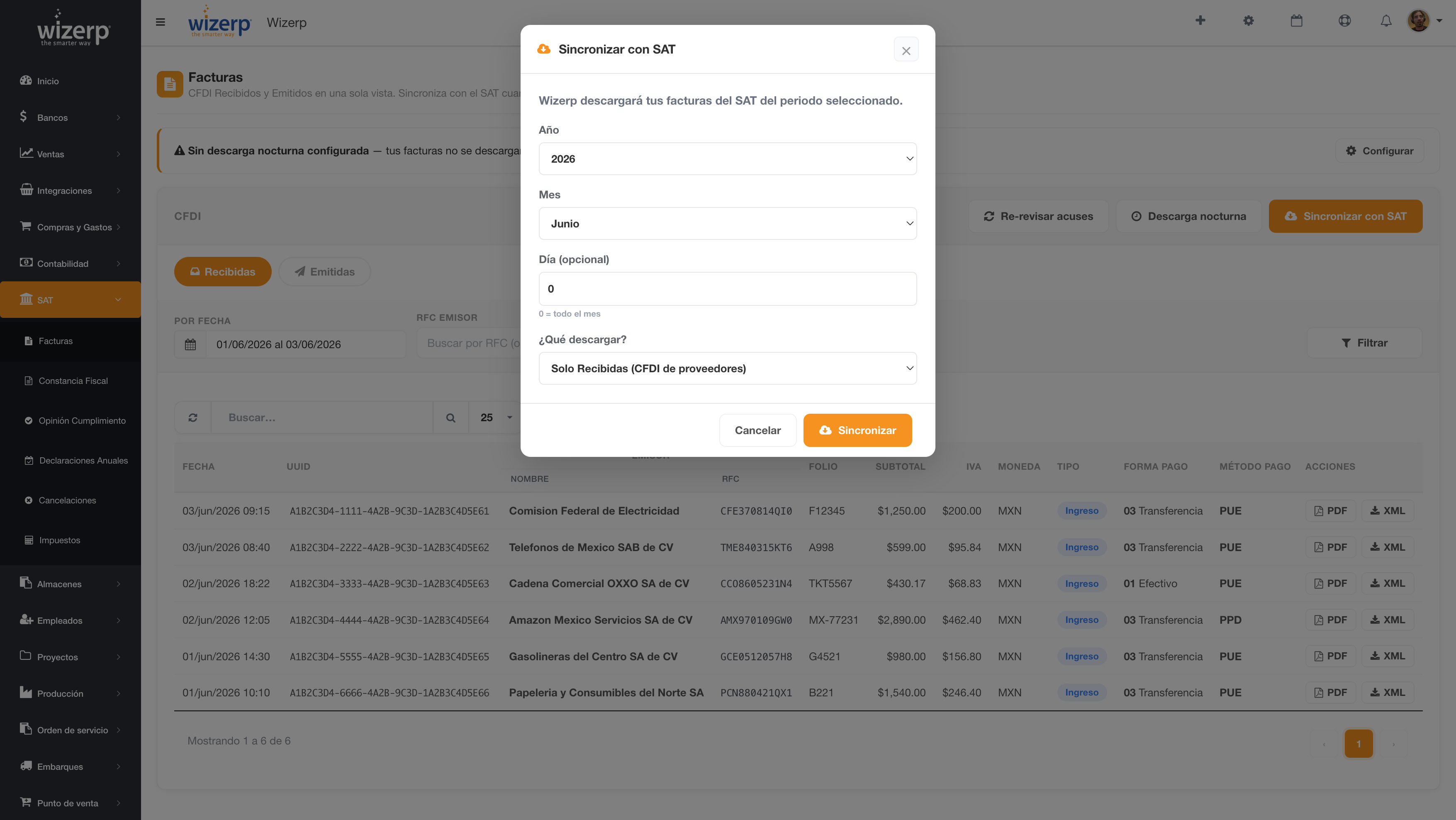 Ventana &laquo;Sincronizar con SAT&raquo; &mdash; descarga puntual por periodo.