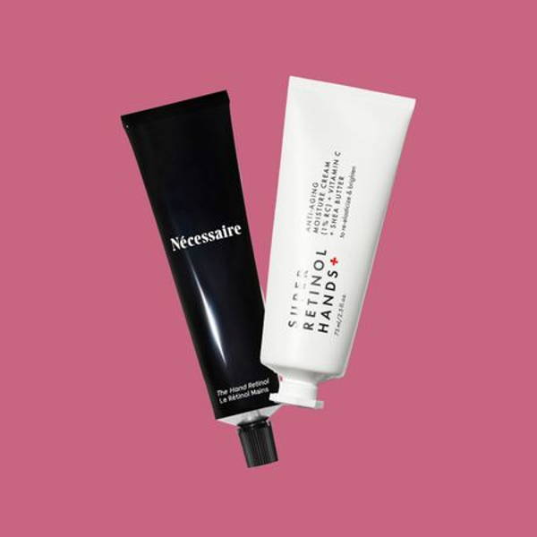 Image contains a collage of retinol hand creams on a pink background