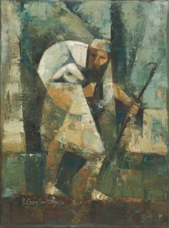 Abstract painting of  shepherd carrying a lamb on his shoulders