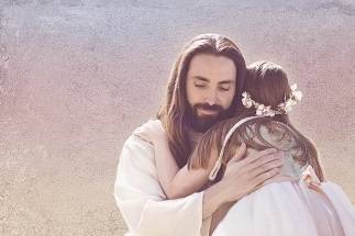 Jesus embracing a little girl wearing a white dress and pink flowers.