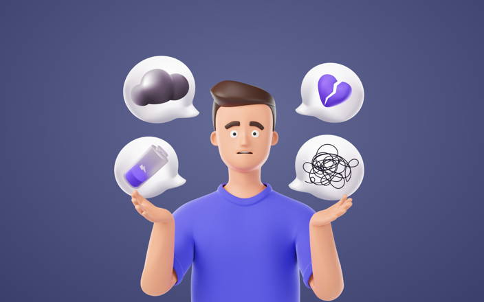 Man with speech bubbles showing low energy, confusion, and sadness for Confetti's Stress Management Workshop for Employees