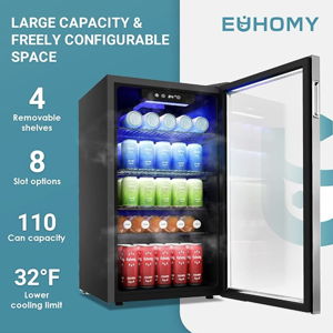 EUHOMY Beverage Refrigerator and Cooler, 126 Can Mini fridge with Glass Door, Small Refrigerator with Adjustable Shelves for Soda Beer or Wine, Perfect for Home/Bar/Office (Slive).