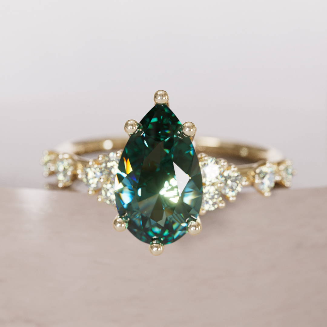 pear Cut Teal Sapphire and Diamond celestial Engagement Ring 