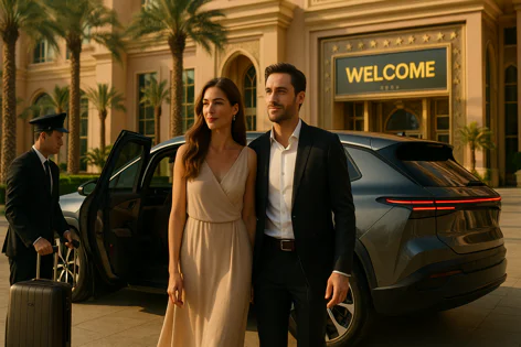 A couple arrives at a luxury hotel, standing next to a dark SUV as a valet opens the door and handles their luggage. Palm trees line the entrance with a welcome sign visible.