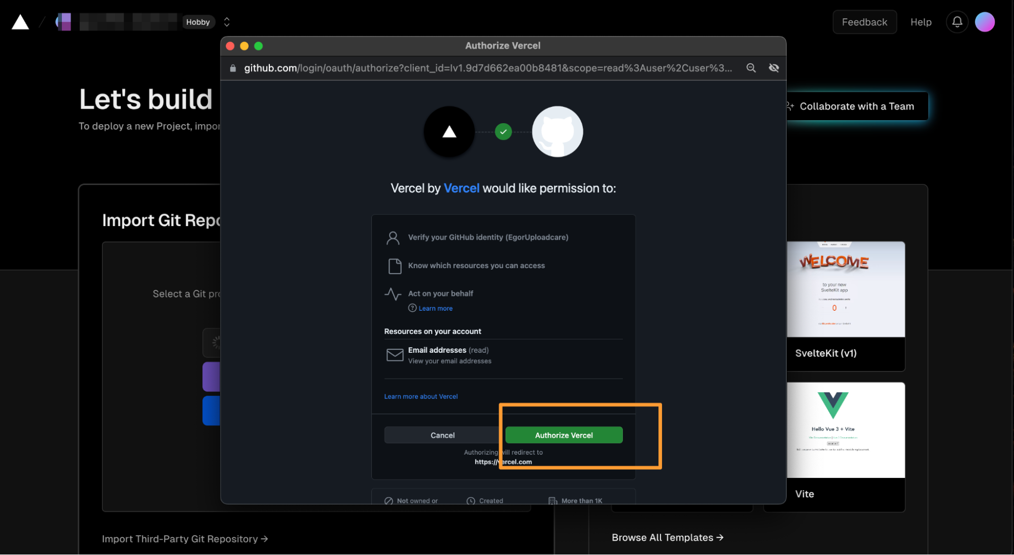Authorizing Vercel to your GitHub account
