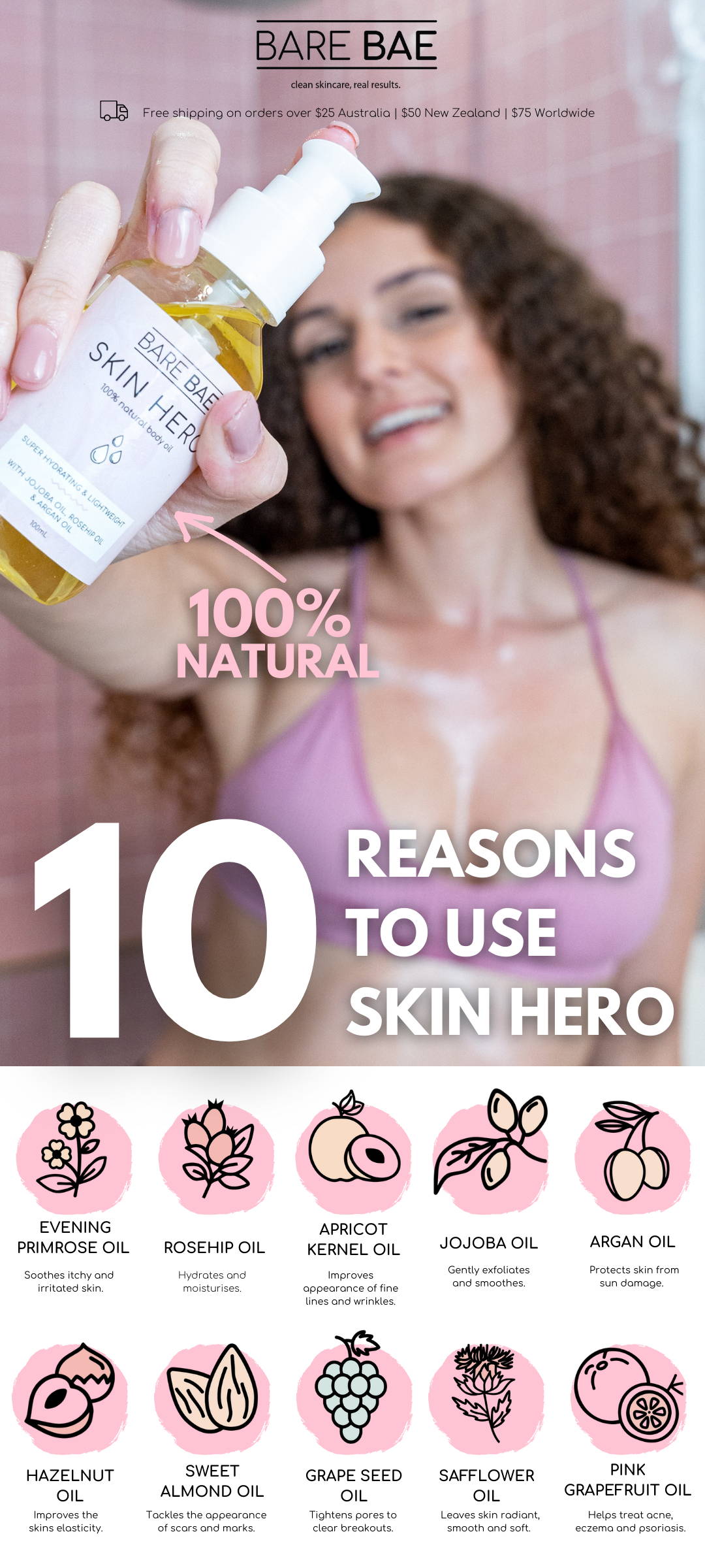 Bare Bae's Skin Hero is a powerful lightweight facial & body oil that deeply hydrates, soothes, revitalises and completely protects your skin against the elements. It's your daily skin booster and new best friend. A 100% natural super-hydrating & lightweight face & body oil that isn't afraid to tackle your dry bits and flaky skin. Plant-based, uncomplicated, effective skin care by Bare Bae.