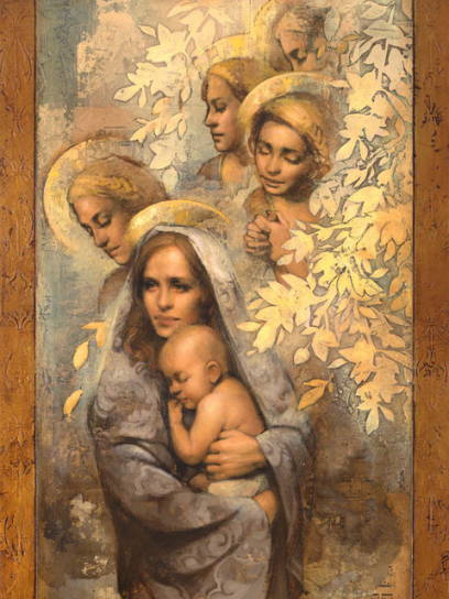 A mother holding an infant. She is surrounded by attending angels. 