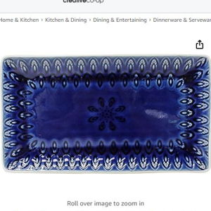 Euro Ceramica Peacock Collection Reactive Crackle Glaze 12" Rectangular Serving Platter, Peacock Feather Design, Blue
