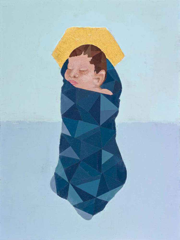 Minimalist painting of baby Jesus wrapped in swaddling clothes. His head is encircled with a gold halo. 
