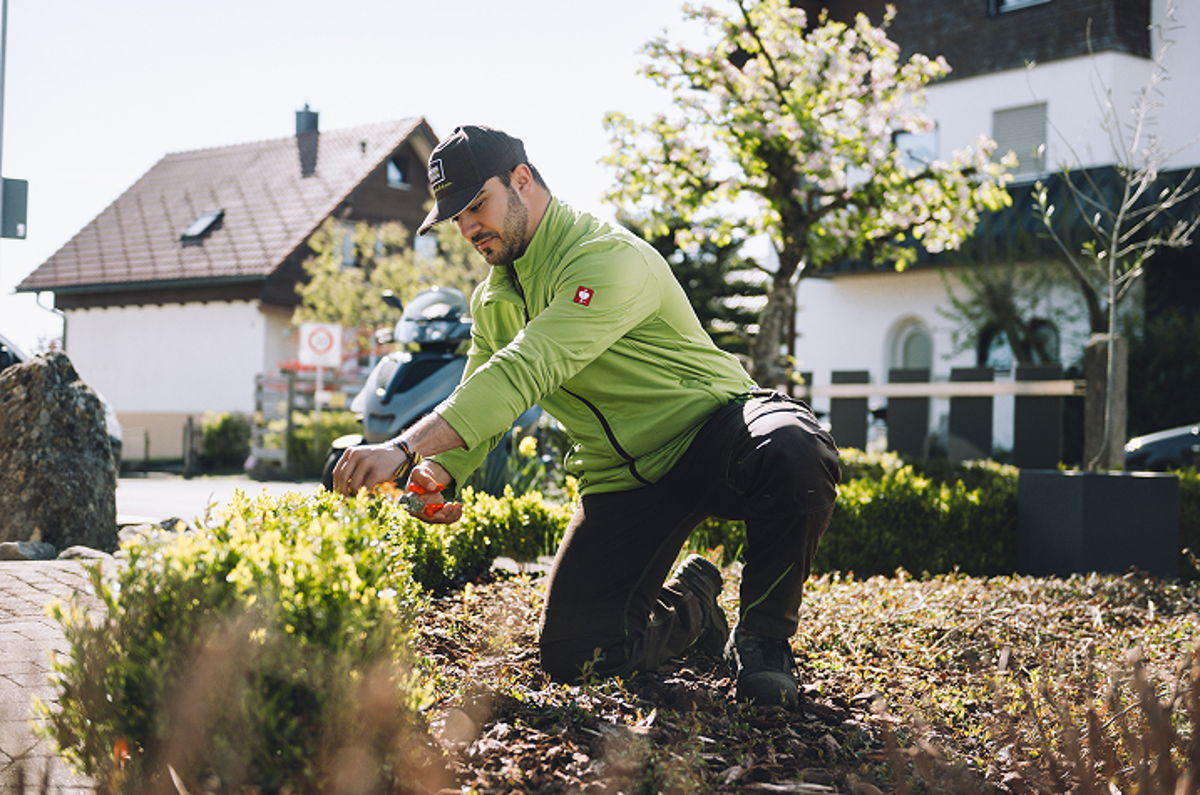 Mitarbeiter von Francesco's Hausmeisterservice bei der Gartenpflege vor einem Wohnhaus
