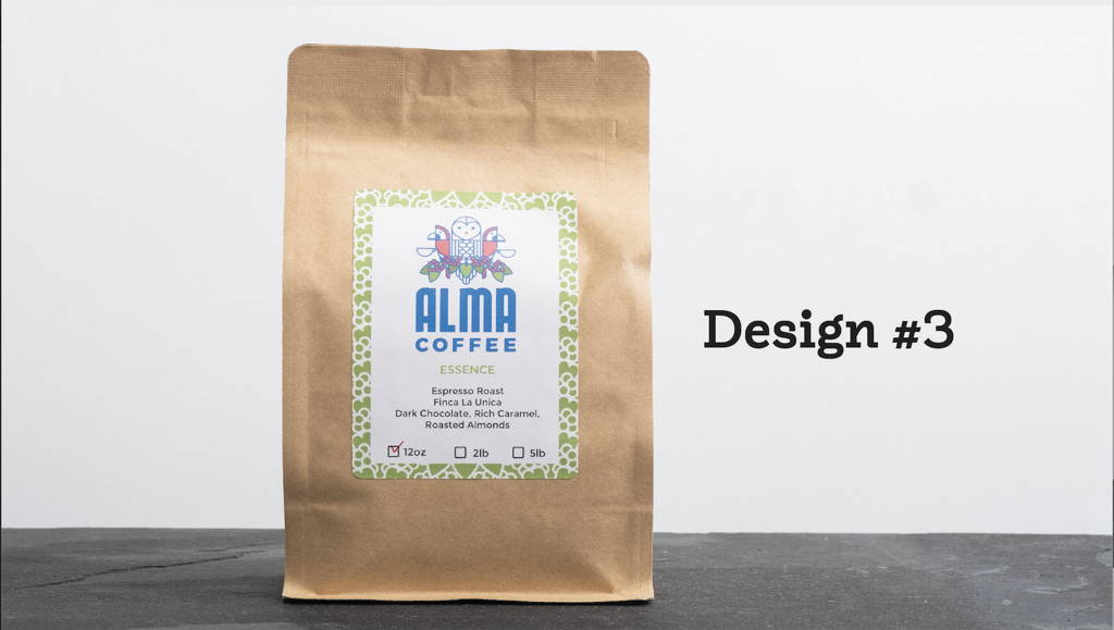 Brown paper coffee bag, Alma's third bag design. 