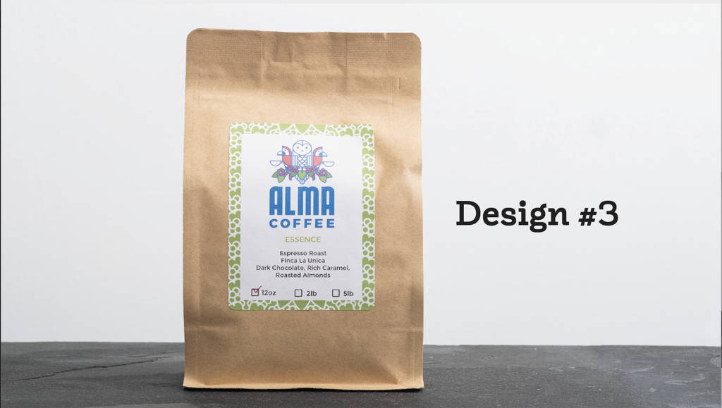 Brown paper coffee bag, Alma's third bag design.